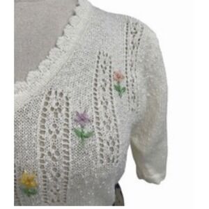 VTG Joni Blair M Butter Yellow Floral Embroidery Tie Waist Knit Dress Cottage